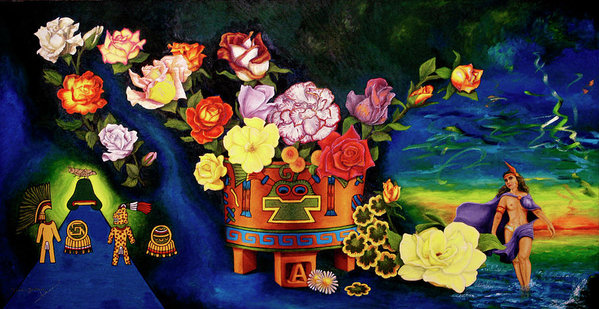 599x309 Mexican Flowers Art Print By Arte Dika By Jose Sanchez Martinez - Mexican Flower Painting