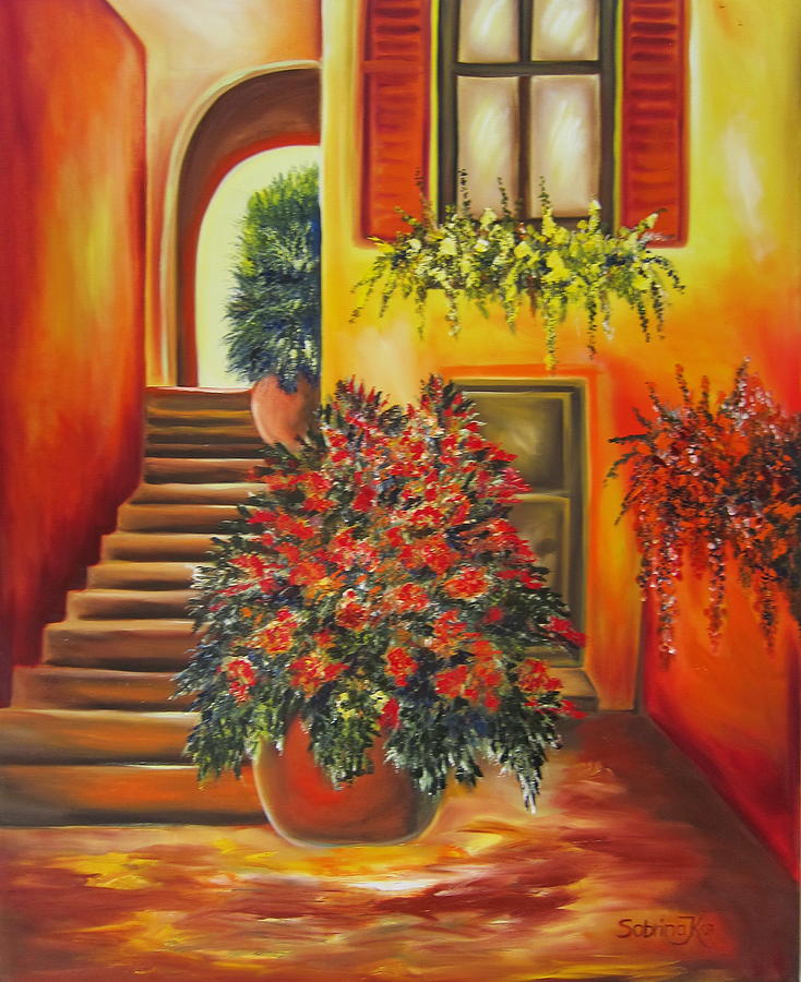 734x900 Mexican Hacienda Painting By Sabine Klimm - Mexican Flower Painting