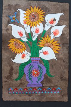 236x354 Mexico ~ Luis Cabrera Ortiz ~ Flowers And Birds, Bark Painting - Mexican Flower Painting