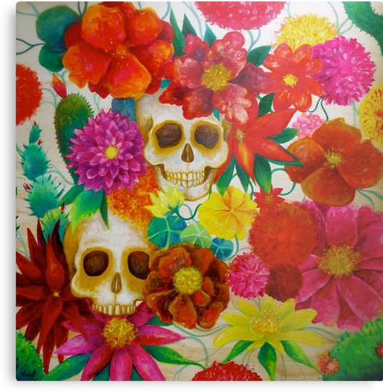 537x550 Sugar Skull Mexican Flower Art Metal Prints By Melaniedann - Mexican Flower Painting