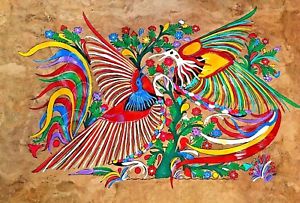 300x203 Mexican Folk Art Amate Wood Bark Painting Tropical Bird Guerrero - Mexican Folk Art Painting