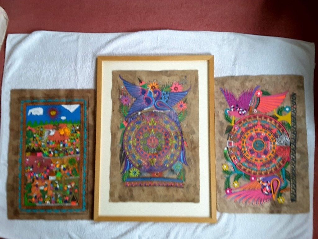 1024x768 Newvintage Set 3 Mexican Folk Art Paintings On Tree Bark 1 Framed - Mexican Folk Art Painting