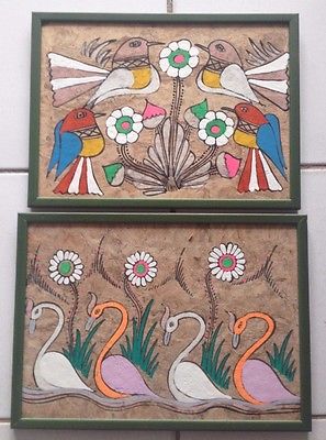 297x400 Set Of 2 Vintage Mexican Amate Folk Art Painting Retro Bird - Mexican Folk Art Painting