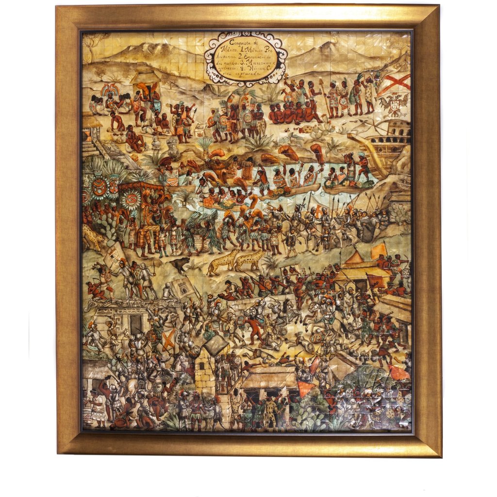 1024x1024 La Conquista De Mexico Mexican Folk Art Inlay Nacre Frame - Mexican Folk Painting