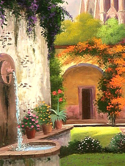 400x533 Patio Fountain. Mexican Contemporary Oil Painting - Mexican Oil Painting