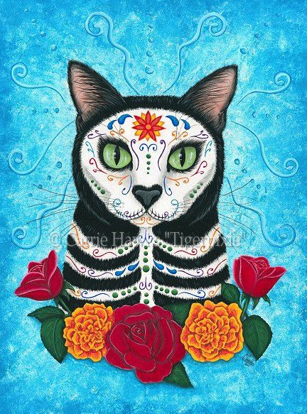 432x583 Day Of The Dead Cat Art Cat Painting Gothic Mexican Sugar Skull - Mexican Painting Skulls
