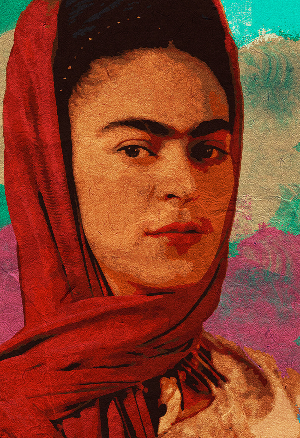 1000x1462 Frida Kahlo Poster Mexican Artist Portrait Red Scarf Folk Art - Mexican Portrait Painting