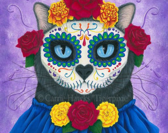 340x270 Mexican Sugar Skull Cat Day Of The Dead Cat Art Black Cat - Mexican Sugar Skull Painting