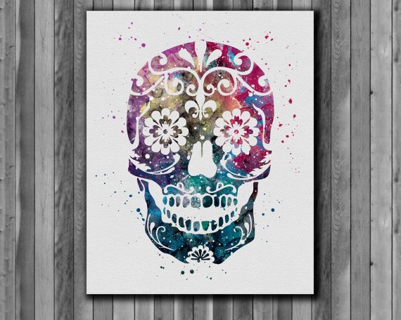 570x456 Sugar Skull Watercolor Painting Mexican Skull Art By Myaquamarine - Mexican Sugar Skull Painting