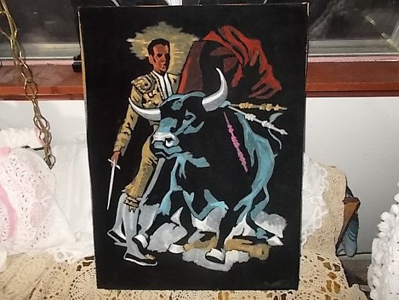 570x428 Velvet Painting Matador Bull Fight Mexican By Daysgonebytreasures - Mexican Velvet Painting