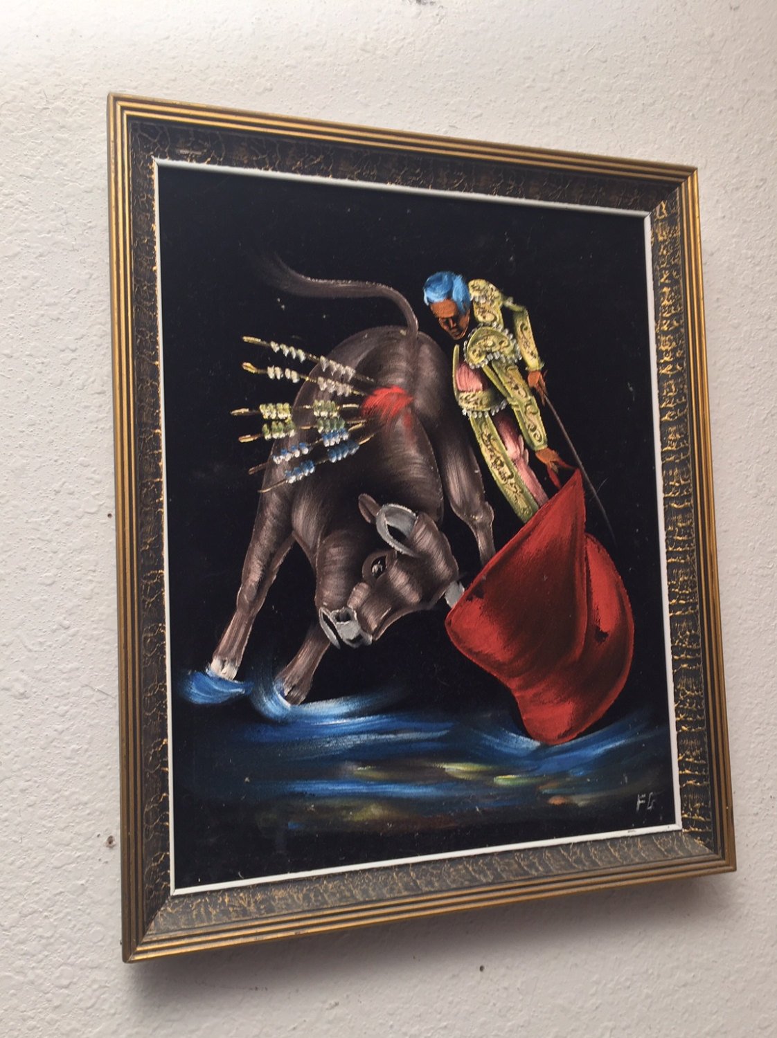 1122x1500 Vintage Mexican Black Velvet Painting Matador Bull Fight Folk Art - Mexican Velvet Painting