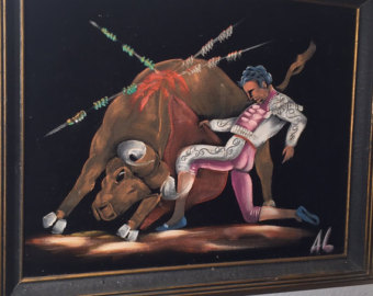 340x270 Vintage Mexican Black Velvet Painting Matador Bull Fight Folk - Mexican Velvet Painting