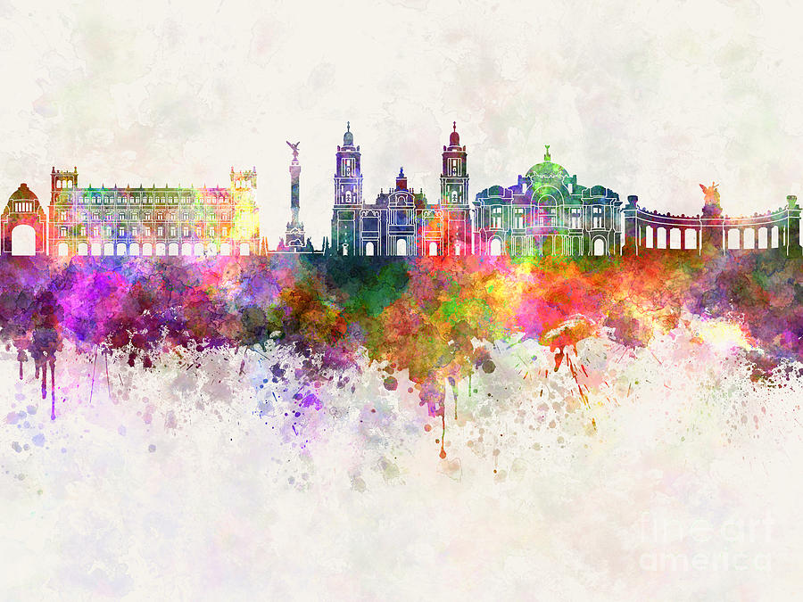 900x675 Mexico City V2 Skyline In Watercolor Background Painting By Pablo - Mexico City Painting