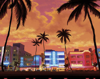 340x270 Run South Original Oil Painting On Wood Panel Small Size Art - Miami Beach Painting