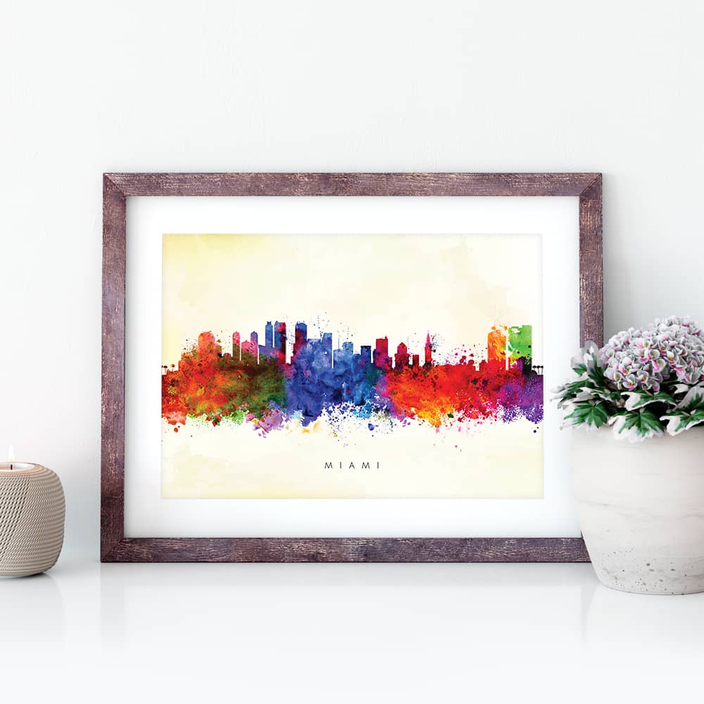 1000x1000 Miami Skyline, Yellow Wash Watercolor Print Dead Good Art - Miami Skyline Painting
