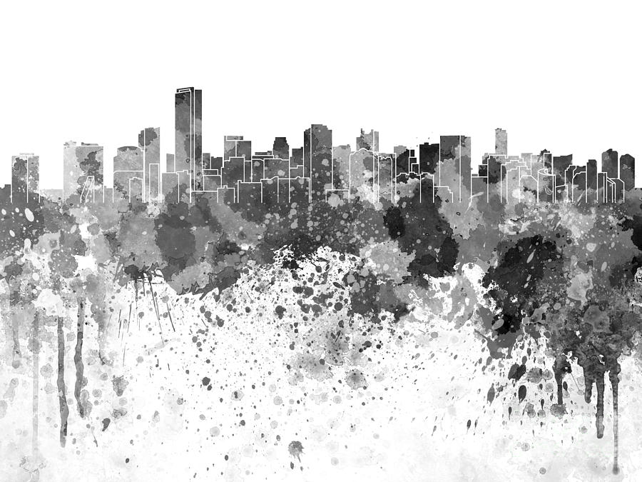 900x675 Miami Skyline In Black Watercolor On White Background Painting By - Miami Skyline Painting