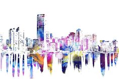 236x157 Miami Skyline In Watercolor Painting Wall Art - Miami Skyline Painting