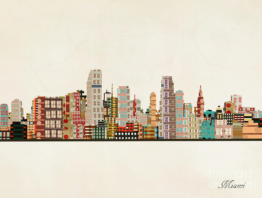 900x682 Miami Skyline Painting By Bleu Bri - Miami Skyline Painting