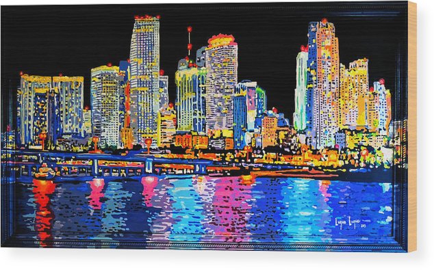 634x395 Miami Skyline Wood Print By Luque Luque - Miami Skyline Painting