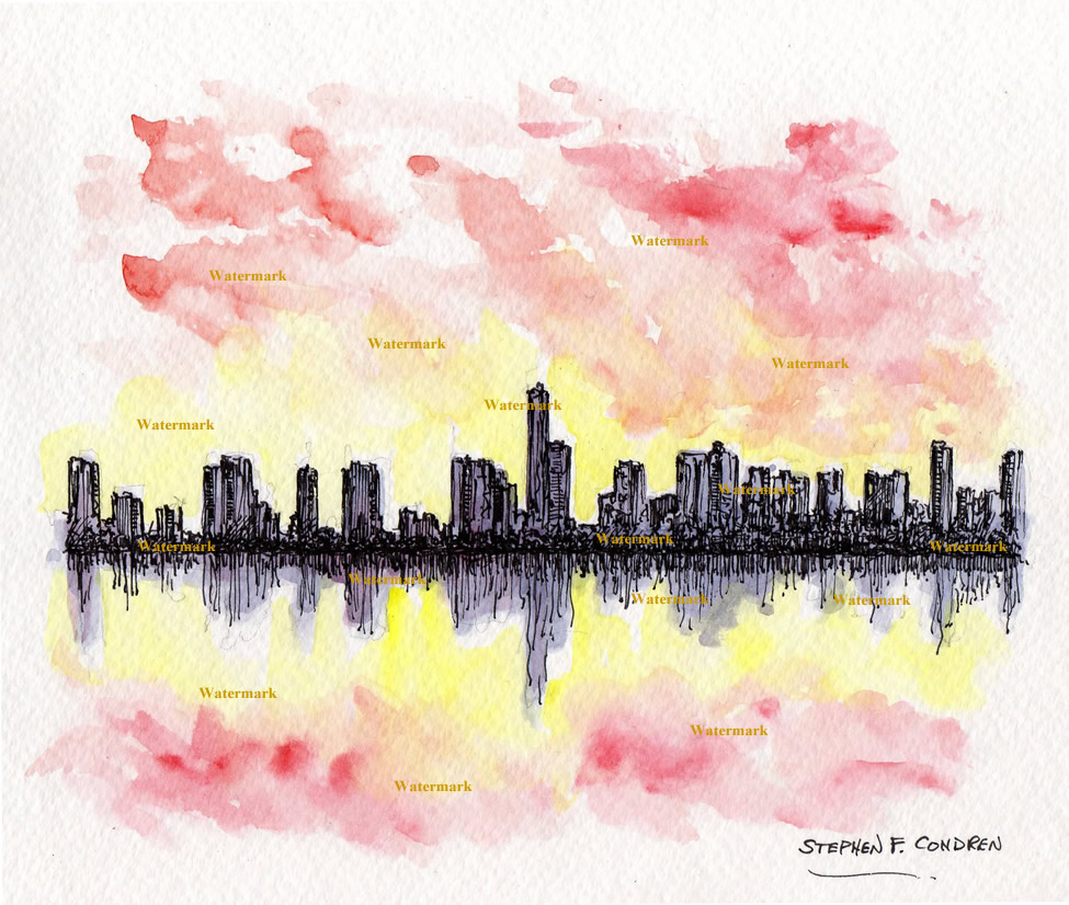 975x826 Miami Skyline Watercolor Painting - Miami Skyline Painting
