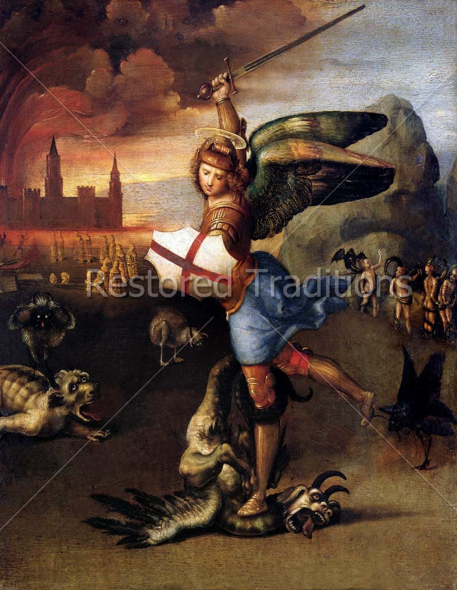 900x1163 Stock Art Image By Raphael St. Michael Archangel Defeats Lucifer - Michael And Lucifer Painting