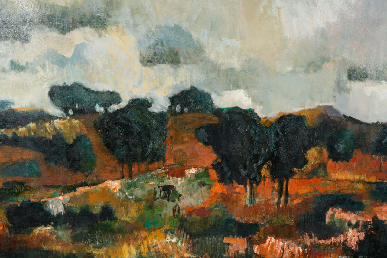 1280x853 Mid Century Abstract Landscape Painting With Walnut Frame - Mid Century Landscape Painting