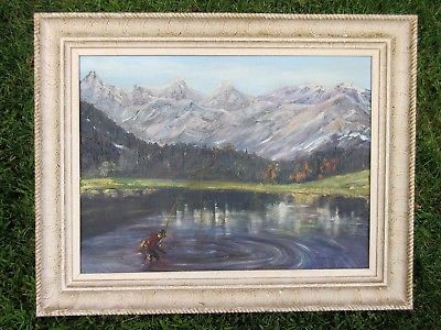 400x300 Vintage Mid Century Landscape Painting Fly Fishing Lake Signed - Mid Century Landscape Painting