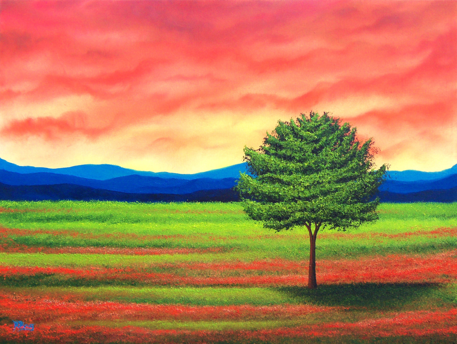 1500x1127 Zoom Mid Century Modern Art Print Of Colorful Landscape Painting - Mid Century Landscape Painting