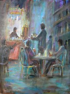 225x300 Superb Leon Goodman Original Oil On Canvas The Midnight Bar Cafe - Midnight Cafe Painting