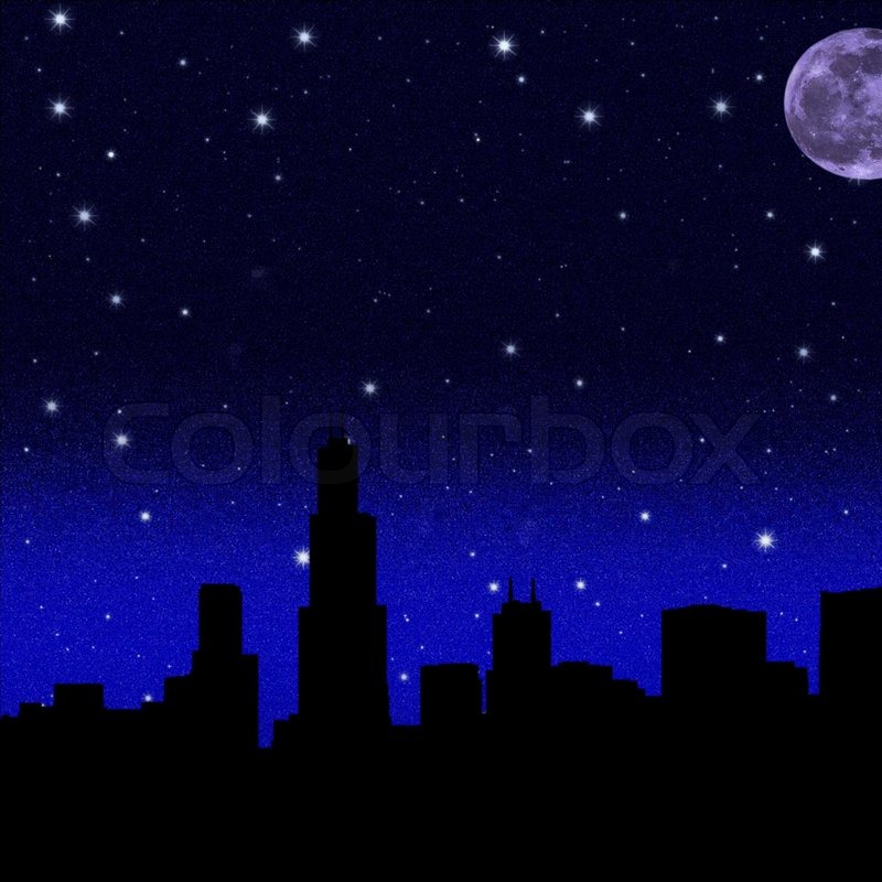 800x800 Abstract City Silhouette On Night Starry Sky Background Stock - Midnight Sky Painting