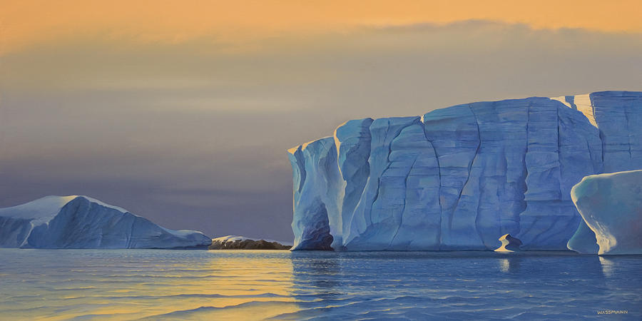 900x450 Midnight Sun Icebergs At Sunset Painting By Cliff Wassmann - Midnight Sun Painting