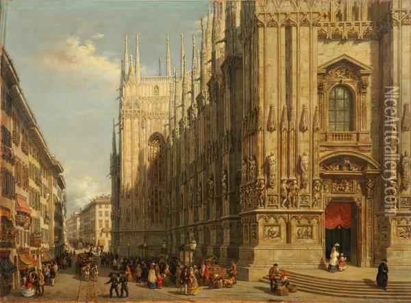 600x442 Veduta Della Corsia Del Duomo Di Milano Oil Painting Reproduction - Milano Painting