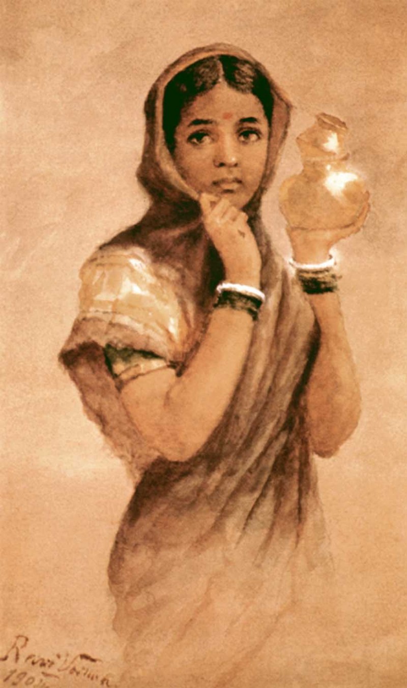 800x1353 Milkmaid By Artist Raja Ravi Varma Reproduction Figurative Art - Milk Maid Painting