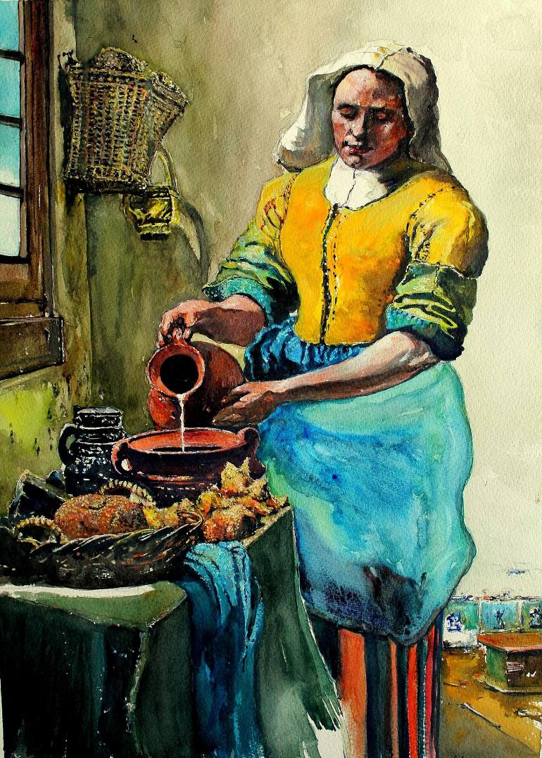 770x1078 Saatchi Art The Milk Maid Of Veermer In Watercolor Painting By - Milk Maid Painting