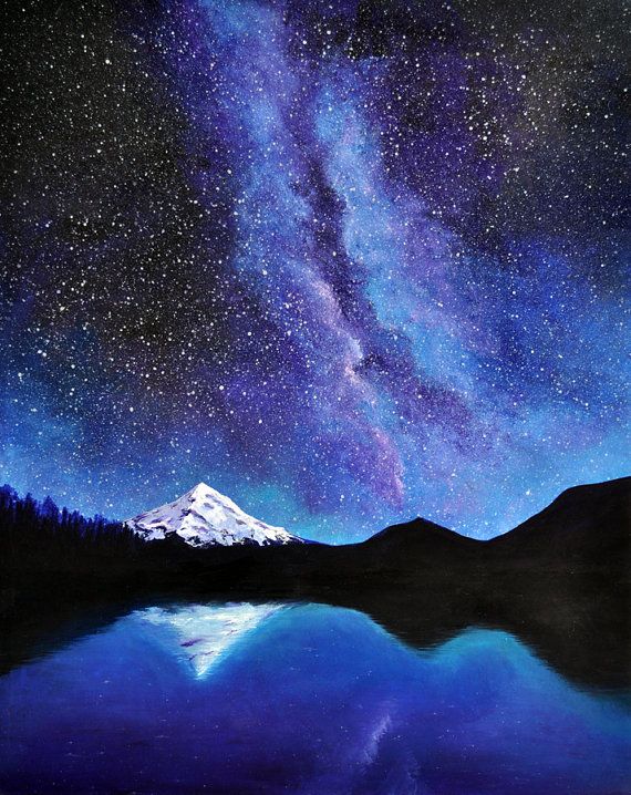 570x718 Mt. Hood And The Milky Way Original Acrylic Painting Art Pieces - Milky Way Galaxy Painting