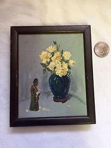 225x300 Mid Century Miniature Oil Painting Interesting Motif Asian - Miniature Oil Painting