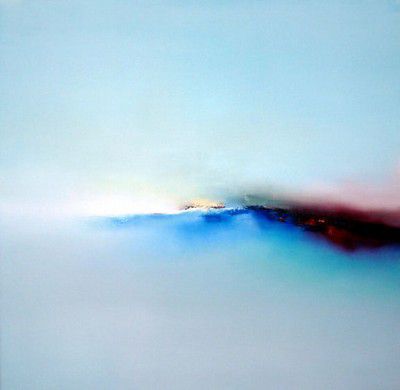 400x390 Red And Blue Stripe Painting By Elaine Jones Abstract Landscape - Minimalist Oil Painting