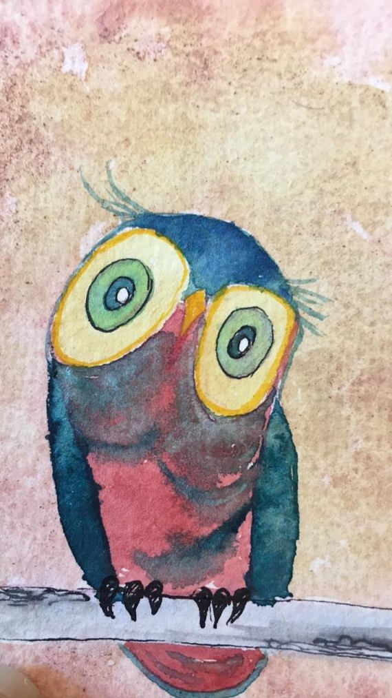 570x1013 Original Owl Mini Painting, Cute Watercolor Owl Decor On Paper - Minipainting