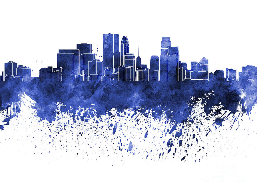 900x675 Minneapolis Skyline In Blue Watercolor On White Background - Minneapolis Skyline Painting