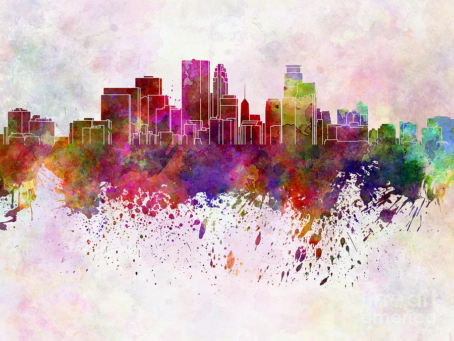 900x675 Minneapolis Skyline In Watercolor Background Painting By Pablo Romero - Minneapolis Skyline Painting