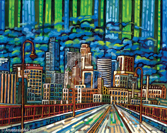 570x455 Green Minneapolis Skyline Painting - Minneapolis Skyline Painting