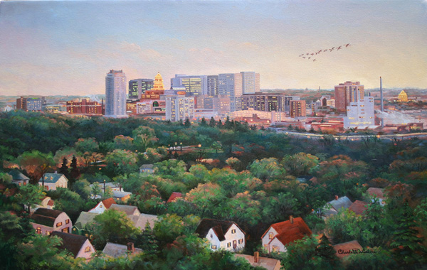 600x380 Rochester Mn Skyline Oil Painting By Charlotte Wiskow - Minnesota Painting
