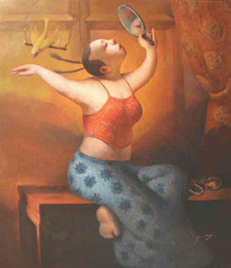 475x550 Hand Painted Oil Painting Art Chinese Woman And Mirror Chinese - Mirror Image In Painting