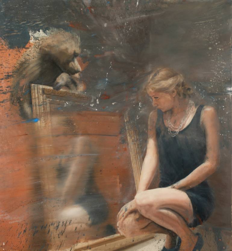 770x834 Saatchi Art Woman In The Mirror With Baboon Painting By Nicola Pucci - Mirror Painting
