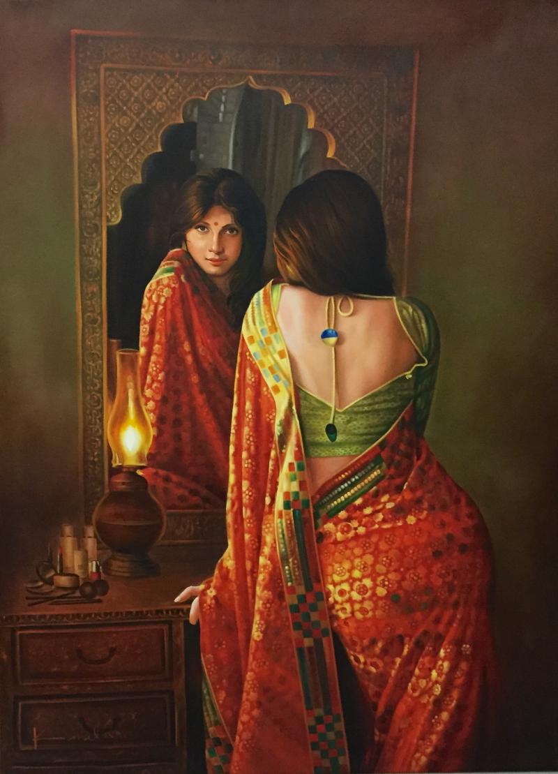 800x1109 Lady In The Mirror By Artist Kamal Rao Realistic Art Oil Paintings - Mirror Painting Images