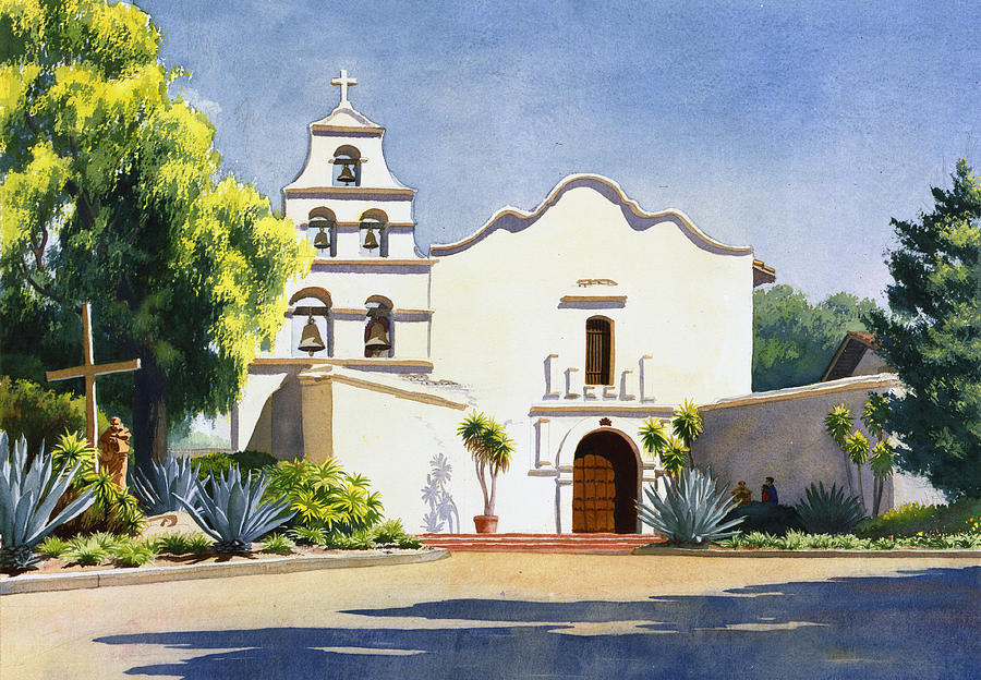 900x624 Mission San Diego De Alcala Painting By Mary Helmreich - Mission Painting