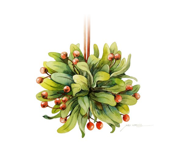 570x475 Watercolor Painting Mistletoe Painting Watercolor - Mistletoe Painting