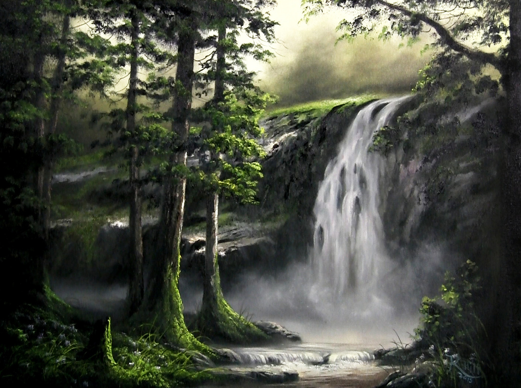 1074x800 Misty Forest Waterfall - Misty Forest Painting