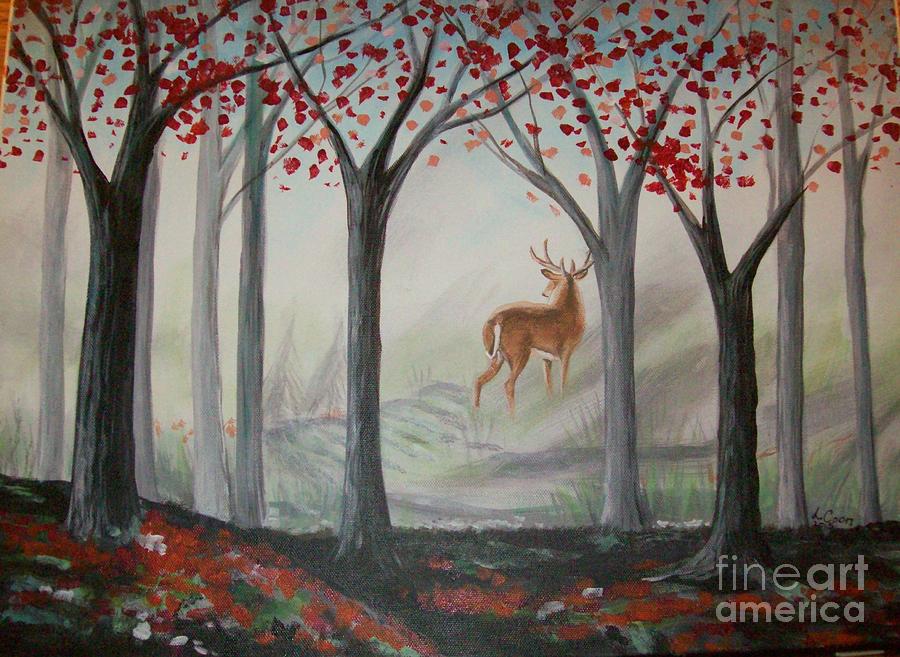 900x657 Misty Forest With Deer Painting By Lynda Coon - Misty Forest Painting