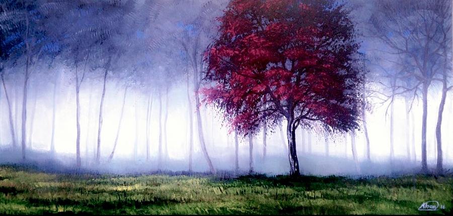 900x430 Red Tree And Misty Forest Painting By Alban Dizdari - Misty Forest Painting